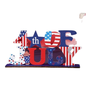 Independence Day July 4th wooden letter ornament with US flag pattern and blue stars