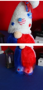Détail macro du gnome patriotique avec chapeau en peluche et barbe en fibres rouge et bleu