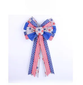 Detailed view of patriotic US flag bow with stars and stripes pattern for holiday decor
