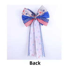 Back view of American flag bow featuring patriotic stars and stripes ribbon hanging decor