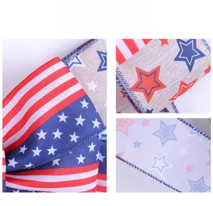 Detail of USA flag themed decorative ribbon with red white stripes and blue stars patterns