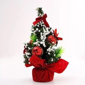 Mini 20cm tabletop Christmas tree with red bows, white snowballs and floral base