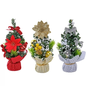 Three 20cm mini artificial Christmas trees in red, gold, and silver festive styles