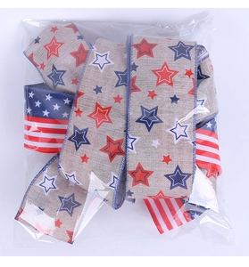 Bulk packs of patriotic jute ribbons featuring American flag stars and stripes patterns