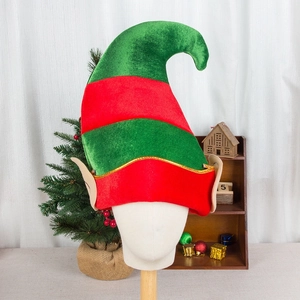 Christmas elf hat with red and green stripes and pointed ears for holiday party decor
