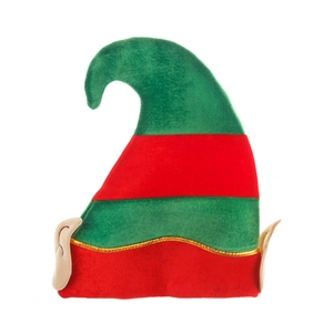 Christmas elf hat with red and green stripes and pointed ears in soft velvet fabric