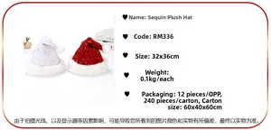 Detail view of red and white sequin Christmas hats with plush trim and size specs