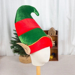 Christmas elf hat in red and green stripes with ears and gold trim for festive holiday decor