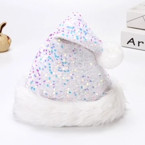Detail of white Christmas hat featuring iridescent sequins and fluffy faux fur trim