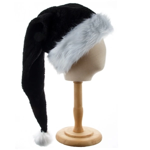 Extra long 75cm black plush Christmas hat with white faux fur trim and fluffy pompom