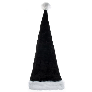 Extra long 75cm black plush Christmas hat with white faux fur trim and pompom