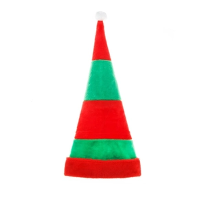 Long bonnet de Noël rayé rouge et vert en peluche avec pompon blanc pour fêtes de Noël
