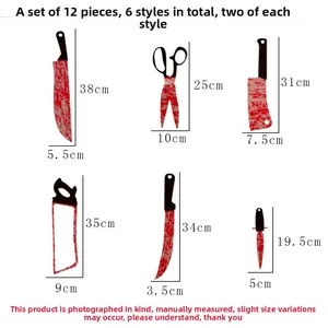 Detailed set of 12 Halloween bloody weapon banners including scissors and saws for party decor