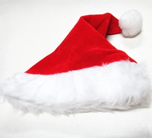 Detailed view of the double-layer thickened red velvet Christmas hat with white plush trim