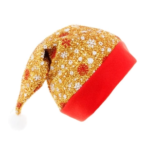 Blue Christmas hat with golden sequins, white snowflakes and soft plush trim decoration
