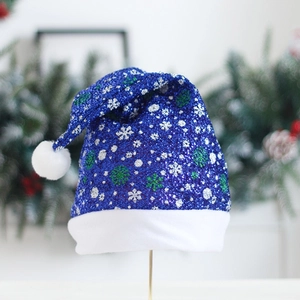 Blue sequin Christmas hat with white snowflakes and plush brim for holiday party decoration