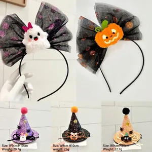 Halloween Mesh Bow Headband Ghost Pumpkin Sequin Hat Hair Clips Party Accessories Women Kids Cosplay Props Holiday Decor