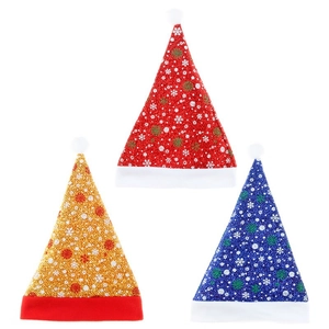 Sparkly sequin Christmas hats in red, gold and blue with white snowflakes and pom-poms