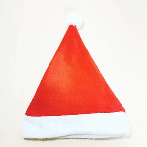 Classic red gold velvet Santa hat with thick white plush brim and fluffy pompom decoration