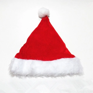 Classic red velvet Christmas hat with thick white plush trim and pompom for festive holidays