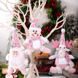 Pendentif Poupée en Peluche de Noël à Paillettes Roses Père Noël Bonhomme de Neige Renne Décoration Suspendue pour Fête