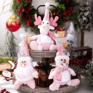 Set de décorations de Noël roses à paillettes avec Père Noël, bonhomme de neige et renne