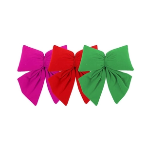 Ensemble de trois grands nœuds de Noël en tissu floqué rouge, rose et vert pour décor