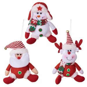 Three Christmas plush ornaments including Santa, reindeer, and snowman with hanging ropes