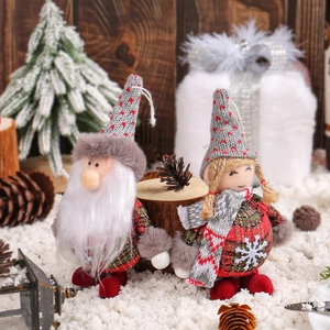 Standing Christmas plush dolls Santa and girl in red green plaid with knit hats