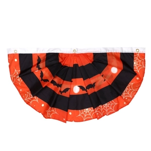 Halloween pleated fan banner with orange and black stripes, bat and spider web patterns