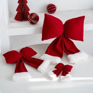 Lot de trois nœuds de Noël en velours rouge avec bordure en fausse fourrure blanche pour sapin
