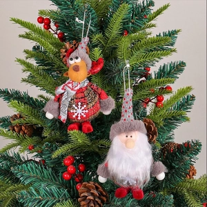 Standing Santa and Reindeer plush Christmas tree hanging ornaments with festive plaid details