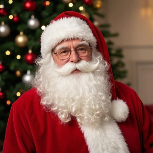 Klassisches Weihnachtsmann Kostümset mit Samtjacke, Mütze, weißem Bart und runder Brille