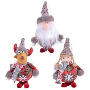 Three-piece set of Santa, reindeer, and girl plush ornaments with red plaid fabric designs