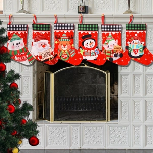 Christmas Stocking Gift Bag Plaid Rim Santa Snowman Reindeer Penguin Polar Bear Elf Cartoon Character Xmas Hanging Ornament