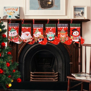 Set of 6 Christmas stockings with plaid trim and festive characters on fireplace