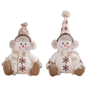 Paire de bonshommes de neige en peluche de Noël avec bonnets tricotés et broderie flocon