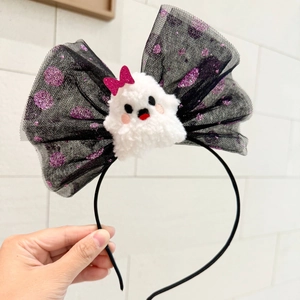 Halloween headband with black mesh bow, purple glitter dots, and cute plush ghost character