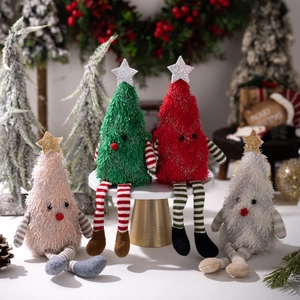Adorable plush Christmas tree dolls with long striped legs in four festive colors