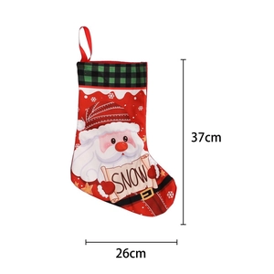37cm Red Christmas stocking with green plaid trim and cute Santa Claus snow design