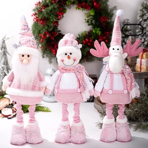 Pink Sequin Telescopic Christmas Doll Standing Santa Snowman Reindeer Plush Toy For Xmas Home Decor Window Display Gift
