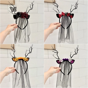 Halloween Gothic Antler Headband With Mesh Veil Dark Rose Pumpkin Ghost Skeleton Skull Party Hair Accessories For Women