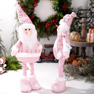 Pink sequined Santa and snowman plush dolls with long legs for Christmas window decoration