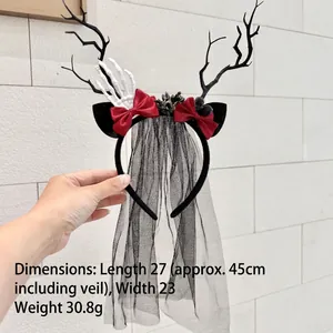 Detailed view of Halloween headband with black antlers, veil, and size dimensions