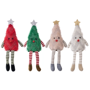 Set of four plush Christmas tree dolls in red, green, pink and silver with striped legs