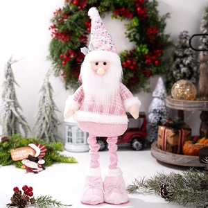 Pink sequin Christmas gnome plush toy sitting with long legs for festive home decoration