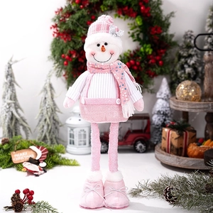 Pink Christmas snowman doll with long legs and sequined scarf for festive home decoration