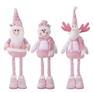 Pink Christmas plush doll set featuring Santa, Snowman and Reindeer with sequins