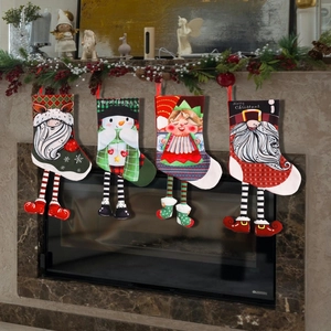 Christmas stocking 4-pack featuring Santa, snowman, and gnome hanging on a festive mantel