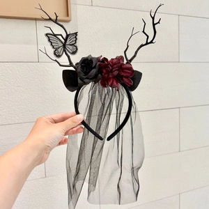 Gothic Halloween antler headband with dark red roses, black mesh veil and butterfly detail
